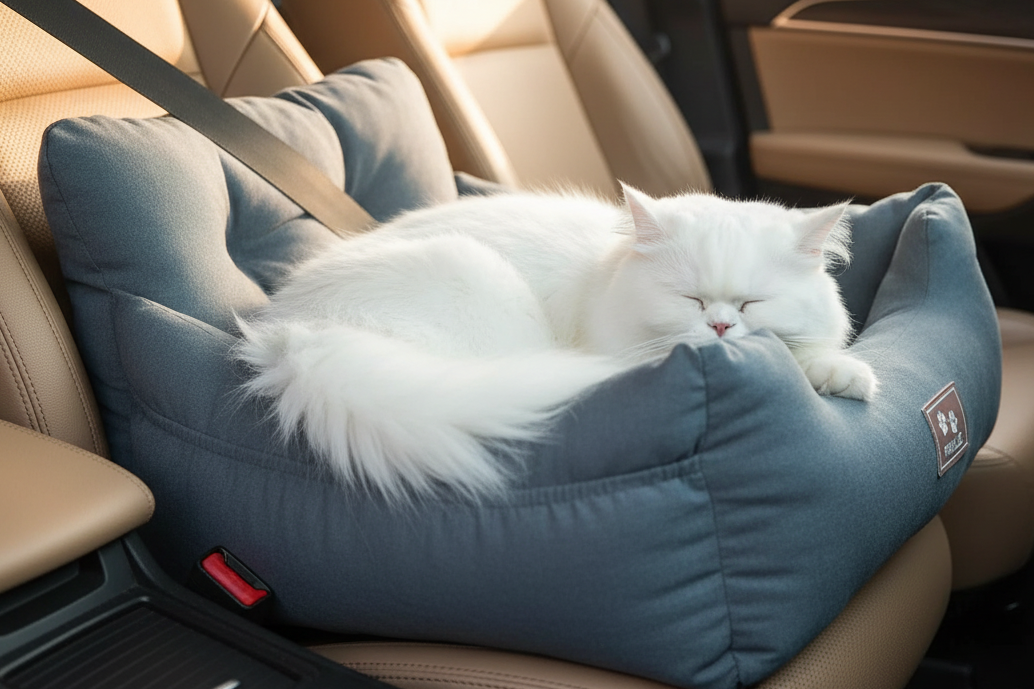 White Cat Sleeping in SecureNest Car Bed